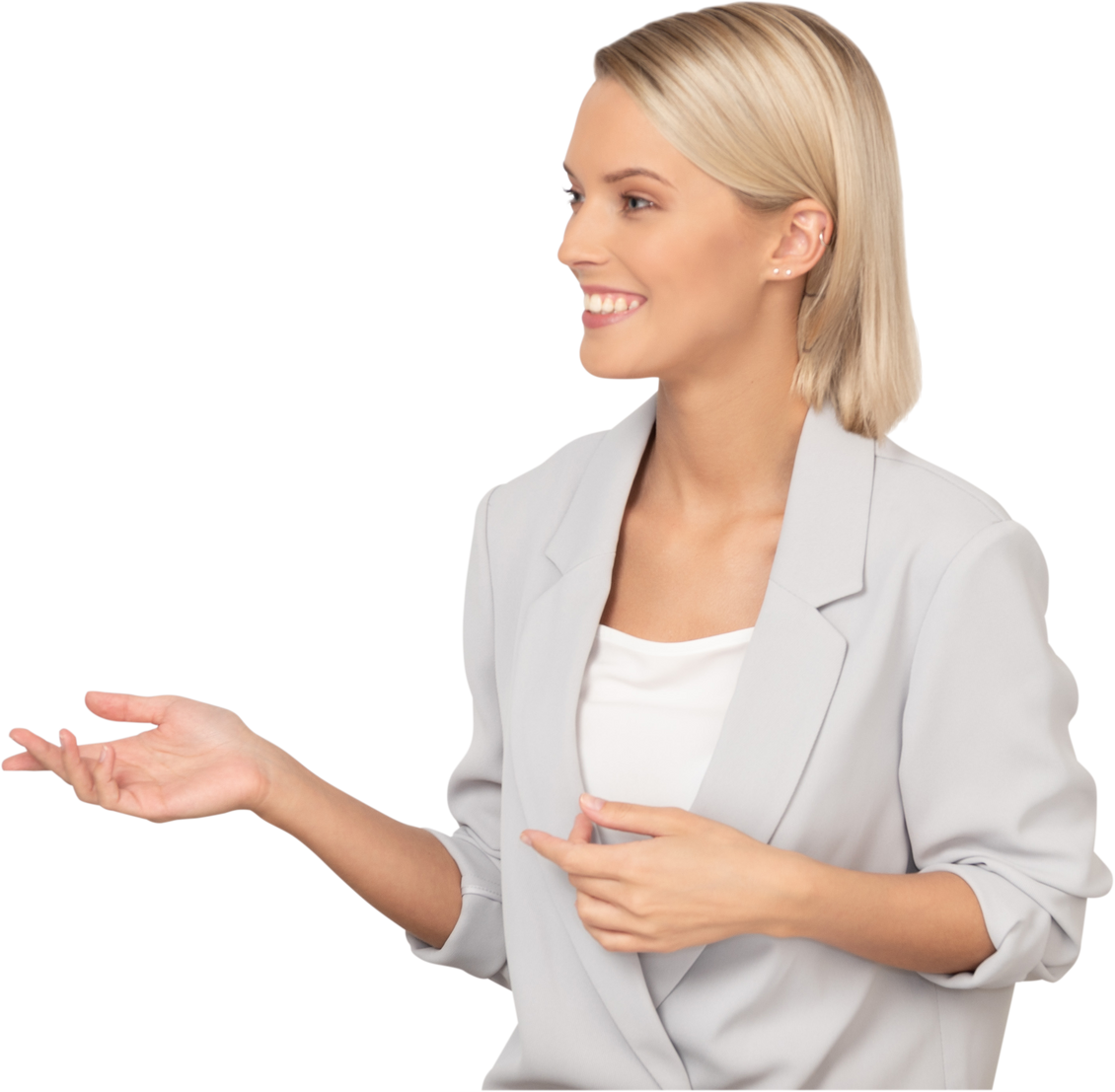 Woman in Businesswear Pointing to the Side 