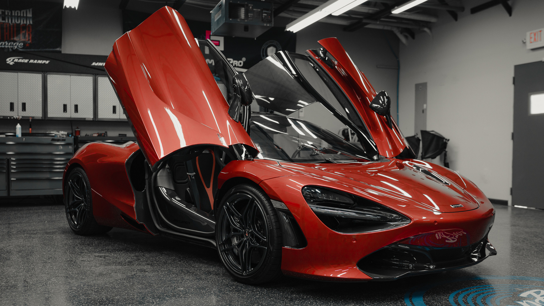 Luxury sports red car in showing room